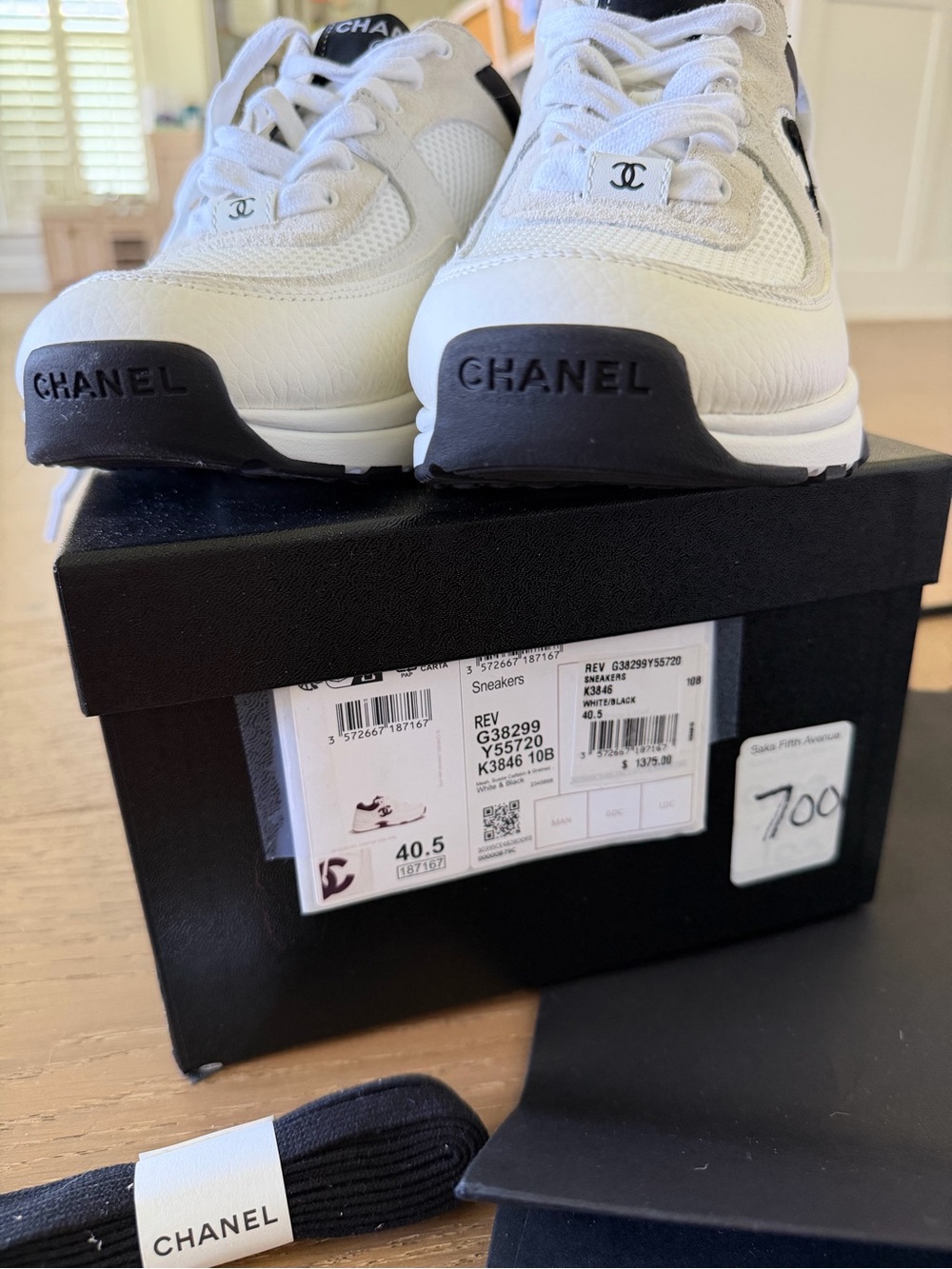 CHANEL White and Black CC Logo Mesh & Leather Sneakers - Picture 9 of 11
